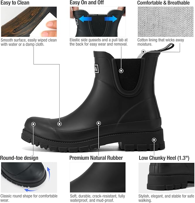 HISEA Ankle Rain Boots for Women Waterproof Chelsea Short Rubber Garden Shoes for Ladies Lightweight Fashion