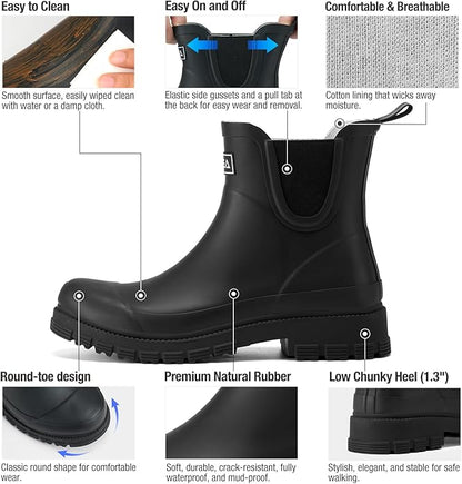 HISEA Ankle Rain Boots for Women Waterproof Chelsea Short Rubber Garden Shoes for Ladies Lightweight Fashion