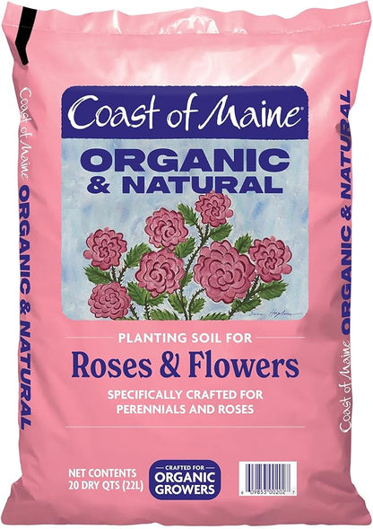Coast of Maine Organic & Natural Planting Soil for Roses & Flowers - Premium Garden Soil w/Composted Manure, Sphagnum Peat Moss for Multi Use In Ground & Containers - Enhanced Drainage (20 Qt)