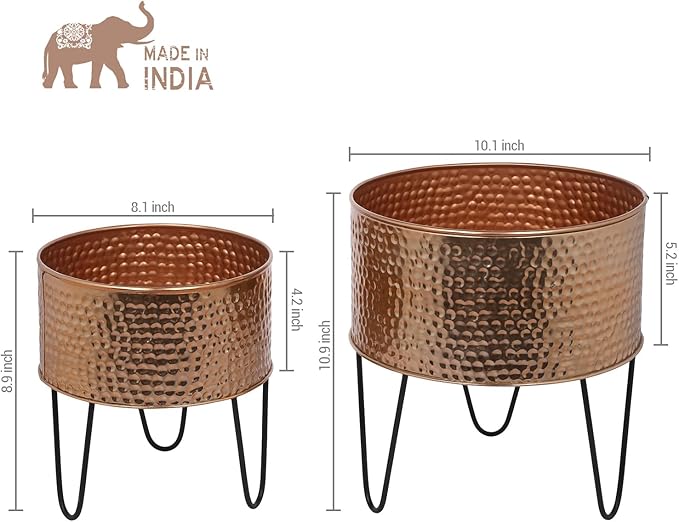 MyGift Modern Hammered Copper Tone Planter Pot, 8 and 10 Inch Metal Round Plant Container with Matte Black Wire Stand, Set of 2 - Handcrafted in India