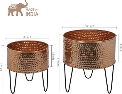 MyGift Modern Hammered Copper Tone Planter Pot, 8 and 10 Inch Metal Round Plant Container with Matte Black Wire Stand, Set of 2 - Handcrafted in India