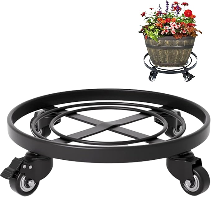 Idzo Upgraded Large Plant Pots Planter Caddies Round Square Metal Plant Caddy for Large Garden Pots, 12 Inch, Black