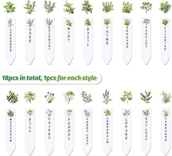 JarThenaAMCS 18Pcs Acrylic Herb Plant Label Signs Waterproof Plant Markers Reusable Garden Stake Tags with Herb Names for Nursery Indoor Outdoor Garden Decoration