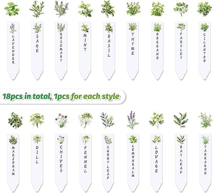JarThenaAMCS 18Pcs Acrylic Herb Plant Label Signs Waterproof Plant Markers Reusable Garden Stake Tags with Herb Names for Nursery Indoor Outdoor Garden Decoration