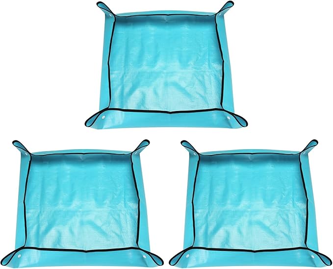 HARFINGTON 3pcs Repotting Mat 19.7" x 19.7" PE Cloth Waterproof Plant Repotting Mat Foldable Portable Gardening Potting Tray with Plastic Buckle for Indoor Plant Change Soil Watering, Blue