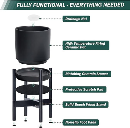 D'vine Dev Ceramic Planter with Ebony Stand - 14 Inch Modern Round Flower Pot with Wood Planter Holder, Black, 55-B-S-2