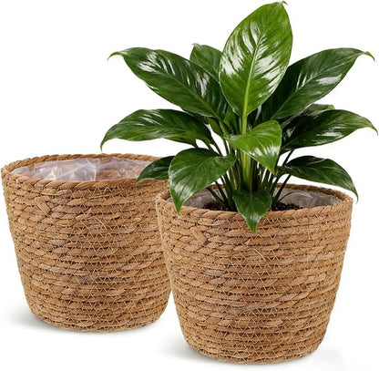 2PCS Seagrass Plant Basket for Indoor and Outdoor,Wicker Planter Basket with Liner for 6 inch Pot,Indoor Plant Pot Covers for Potted Plants, Rattan Storage Baskets for Rustic Boho Farmhouse Decor