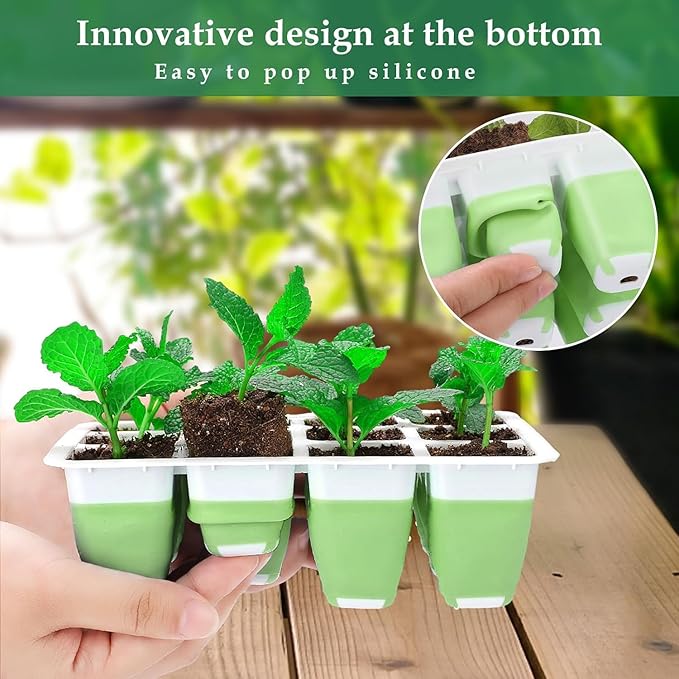 Seed Starter Tray with Grow Light, 48 Cells Indoor Seed Starter Kit, Flexible Silicone Seedling Starter Trays, Germination Tray Kit with Humidity Dome & Lids(4in Height), Reusable & Dishwasher Safe