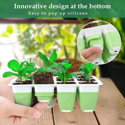 Seed Starter Tray with Grow Light, 48 Cells Indoor Seed Starter Kit, Flexible Silicone Seedling Starter Trays, Germination Tray Kit with Humidity Dome & Lids(4in Height), Reusable & Dishwasher Safe