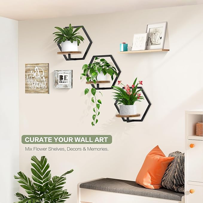 3 Packs Wall Planters for Indoor Plants, 7.9inch Metal Plant Holder Hanger Wall Decor, Mounted Hanging Window Shelves Outdoor Rack (Black Wooden Base)