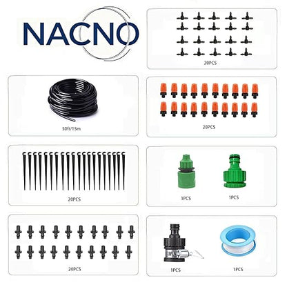 50FT Garden Drip Irrigation Kit - DIY Misting Cooling System with 1/4" Tubing & Adjustable Atomizing Nozzles for Greenhouse, Patio, Raised Beds, Potted Plants