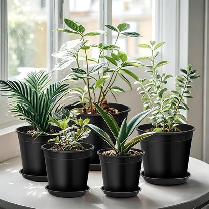 7 Gallon Plastic Pots with Drip Trays, Sturdy Gallon Plant Pots with Drainage Holes, Large Gallon Pots for Flowers, Ideal for Indoor and Outdoor Use (7Gallon-4PACK)
