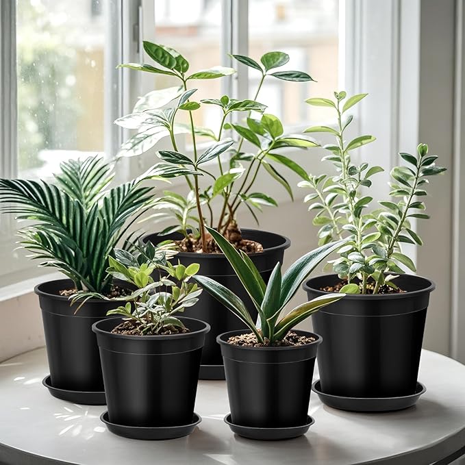 3 Gallon Plastic Pots with Drip Trays, Sturdy Gallon Plant Pots with Drainage Holes, Large Gallon Pots for Flowers, Ideal for Indoor and Outdoor Use (3Gallon-6PACK)
