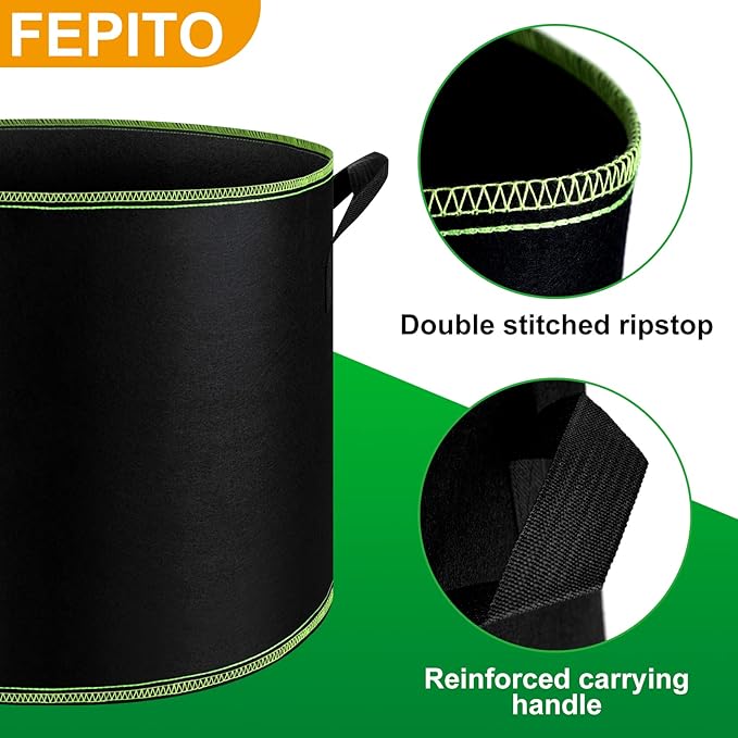 FEPITO 5 Pack 10 Gallon Grow Bags Heavy Duty Aeration Fabric Pots Plant Grow Bags with Handles Thickened Nonwoven Fabric Pots for Vegetable Fruits Flowers Plant