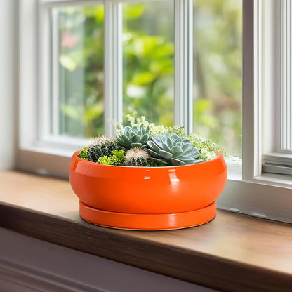 Bonsai Pots 8 Inch - Ceramic Succulent Planter with Drainage Hole and Saucer, Shallow Plant Pot Indoor Outdoor, Round Bowl Planter, Bonsai Tree Pots, Table Decor, Plant Lover Gift, Orange