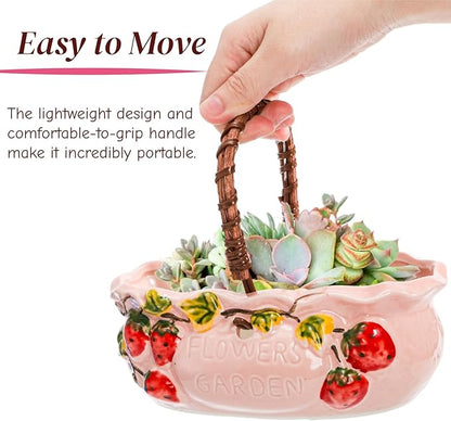 2 Pack Ceramic Succulent Planters, 7 Inch Shallow Bonsai Plant Pot with Handle Drainage Hole, Flower Container Bowl for Cactus Tree, Indoor Outdoor Office Decor, Strawberry Pattern