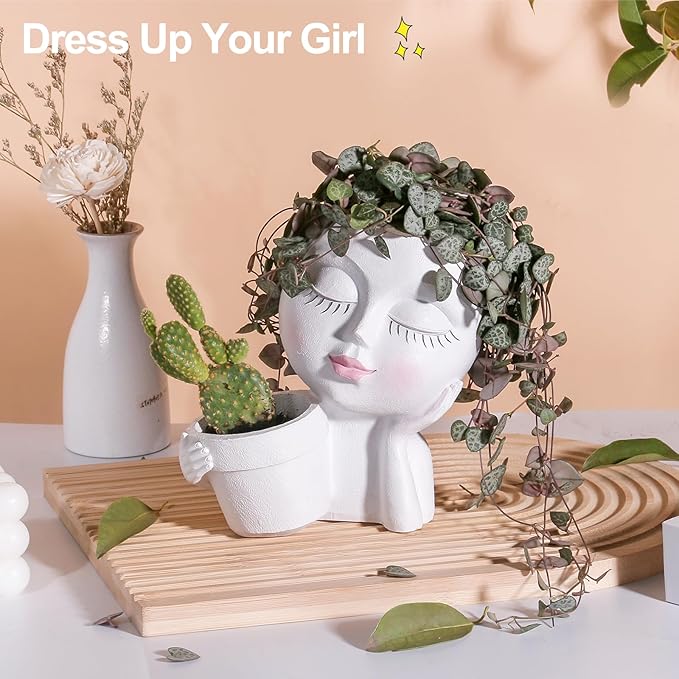 Face Planter Pots Head, Planters for Indoor Plants - Double Cute Plant Pots for Flower & Succulent with Drainage Holes - Ideal Present Ideas (White Lady)