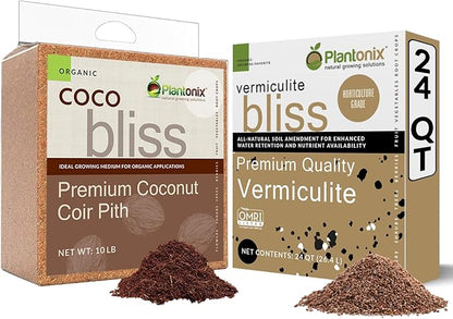 Coco Bliss (10lb Block) + Vermiculite Bliss (24 Qts) - Organic Coco Coir & Vermiculite for Plants - Compressed Coco Coir Brick with Low EC & pH Balance - OMRI-Listed Coco Coir for Plants & Gardening