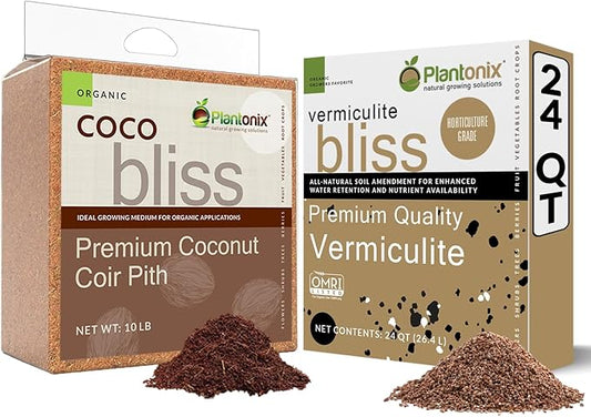 Coco Bliss (10lb Block) + Vermiculite Bliss (24 Qts) - Organic Coco Coir & Vermiculite for Plants - Compressed Coco Coir Brick with Low EC & pH Balance - OMRI-Listed Coco Coir for Plants & Gardening