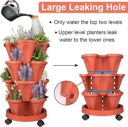 DUNCHATY Stackable Planters 4 Tier Vertical Garden Planting Tower Planters Strawberry, Herb, Flower, and Vegetable Planter Indoor Outdoor Gardening Pots with Removable Wheels and Tools, 2 Bundle