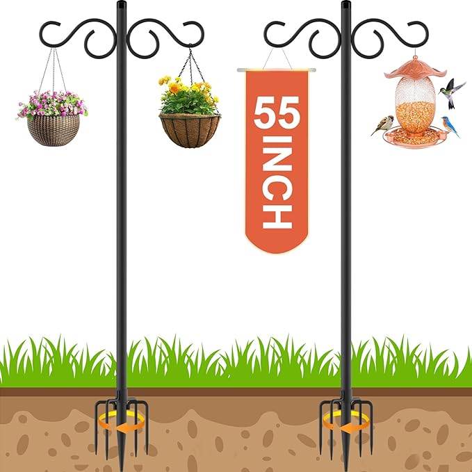 Adjustable Shepherd Hooks for Outdoor,2 Pack 55 Inch 5 Prong Base Bird Two Sided Feeder Poles,Heavy Duty Shepherds Hook,Suitable for Garden in Hanging Flower Basket,Lantern,Bird Nests