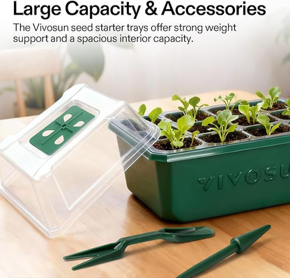 VIVOSUN 12-Pack Seed Starter Trays, 144-Cell Seed Starter Kit with Humidity Dome, Flat Reusable Plant Germination Trays with Drain Hole, Green Propagation Tray for Planting Seeds