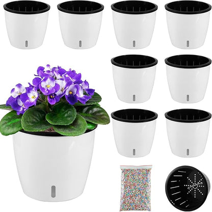 Planterhoma 6.7 Inch Self Watering Pots for Indoor Plants, 8 Packs African Violet Pots with Indicator, Black Wick Pot with Drainage Holes, Self Watering Planters for Orchid, Devil's Ivy, White
