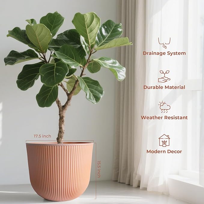 Worth Garden Round Large Planter Pot Set of 2, 17.5" Dia x 15.5" H - Durable Plastic Terracotta Plant Tree Pots with Vertical Stripe Textured Finish, Drainage Hole for Indoor Outdoor Front Porch Patio