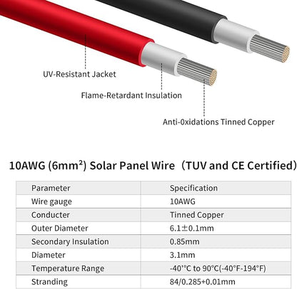 10AWG (6mm²) Solar Panel Extension Cable 30FT - Black & Red, Heavy Duty, Weather Resistant, Standard Solar Connectors Solar Extension Cable for Solar Power Systems, RVs, Boats