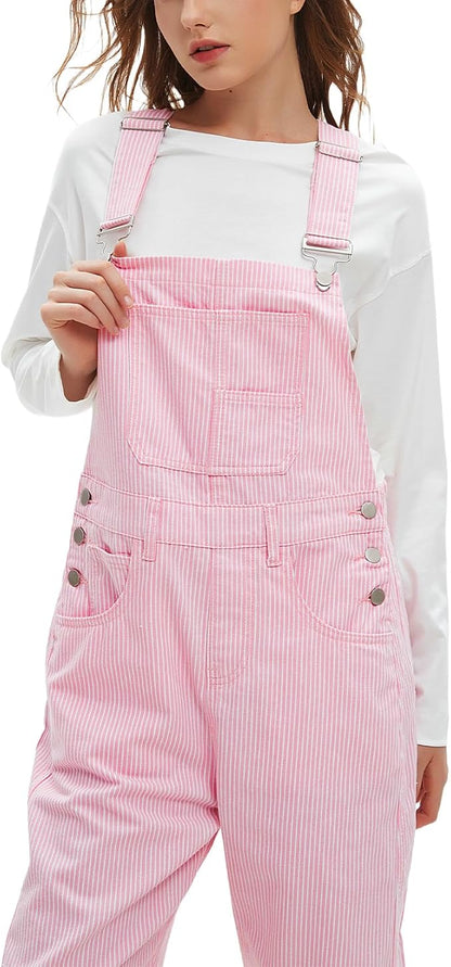 D-Sun Women's Striped Bib Overall Barrel Casual Tapered Overall Pants Wide Leg Adjustable Straps Stretch Jumpsuits