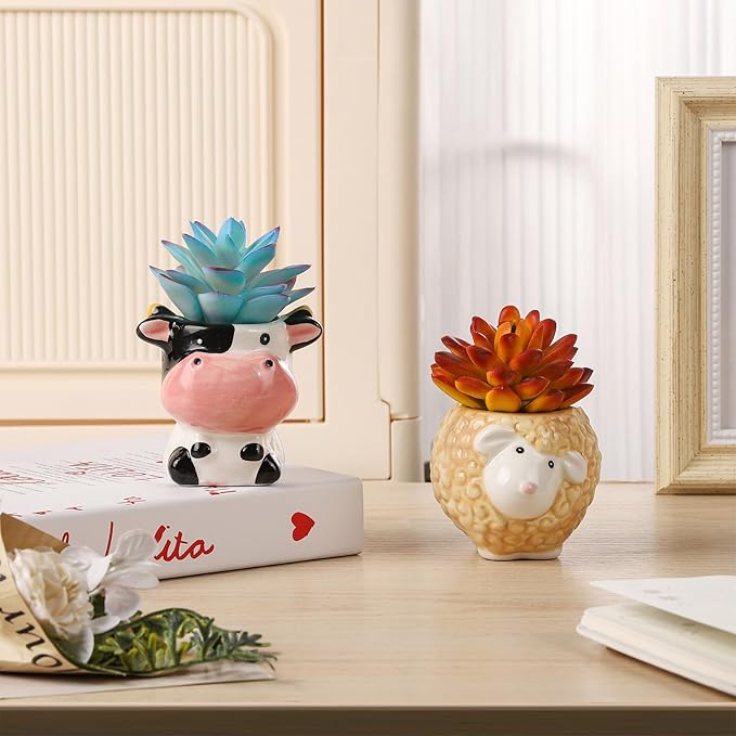VanEnjoy Ceramic Cute Animal Flower Pot 3 Inch Small Cow Print Planter for Cactus Succulents Unique Cartoon Shaped Mini Plant Holder with Drainage Hole Mesh