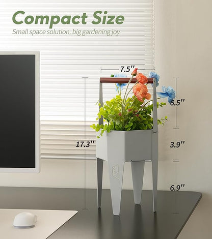 Planter with Stand, Metal 2 in 1 Portable Planter with Grow Bags & Handle, Stable Stylish Indoor Plant Pots with Stand, Modern Flower Pots Outdoor, 7.5'' x 17.3'', White, Plant Not Included