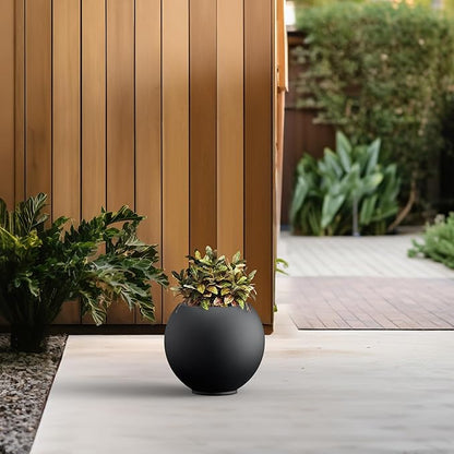 Kante Round Concrete Flower Pot, 11 Inch Dia (7.9" Opening) Sphere Shape Design Planter with Drainage Hole and Rubber Plug for Indoor & Outdoor Plants, Black Finish with Painted Interior