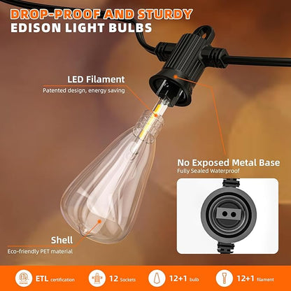 Kawaya Outdoor Patio String Lights: 25 FT LED Outside Patio Light with 12 Shatterproof Vintage Bulbs - 2700K Dimmable IP65 Waterproof Edison Outdoor Lighting for Porch Deck Bistro Cafe Party