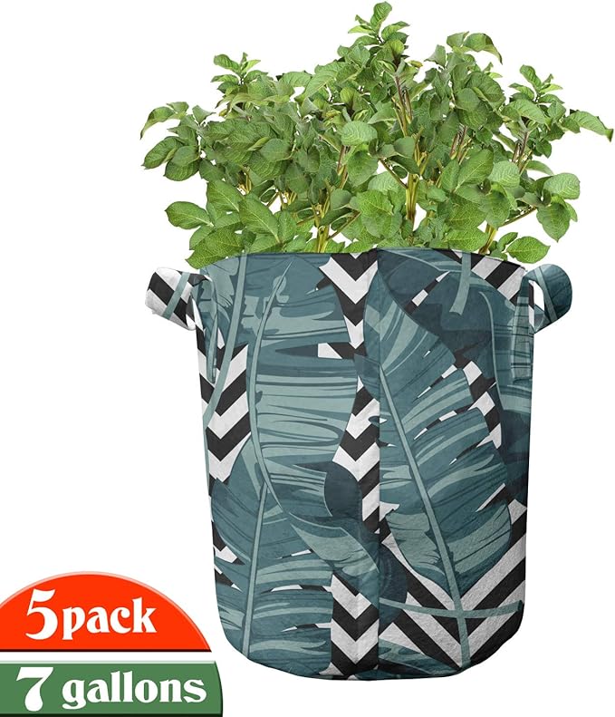 Ambesonne Tropical Grow Bags 5-Pack, Rainforest Foliage Striped, Heavyduty Fabric Pots with Handles for Plants, Teal Grey