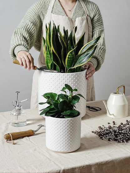 LE TAUCI Ceramic Pots for Plants, 10/8/6 Inch Indoor Planters with Draiange Hole, Silicone Plug & Mesh Pad, Modern Rasied-Dots Pots for Home Office, Set of 3, Satin, White