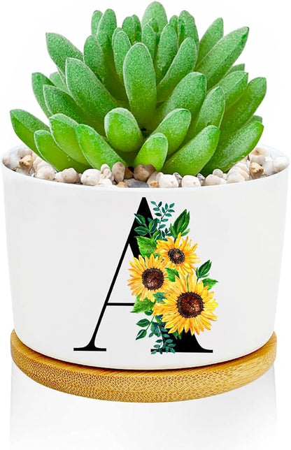 Sunflower Succulent Plant Pots 3 Inch Ceramic Cactus Flower Pots Personalized Initials A Sunflower Gifts for Women Mom Sister,Birthday Housewarming,Wedding,Window Garden Desk Decor