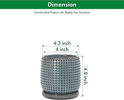 D'vine Dev 4 Inch Ceramic Beaded Stoneware Planter Pot - Flower Pot with Drainage Holes and Saucers for Indoor Succulent Plants or Flowers, Graphite Blue, 27-C-Z-9