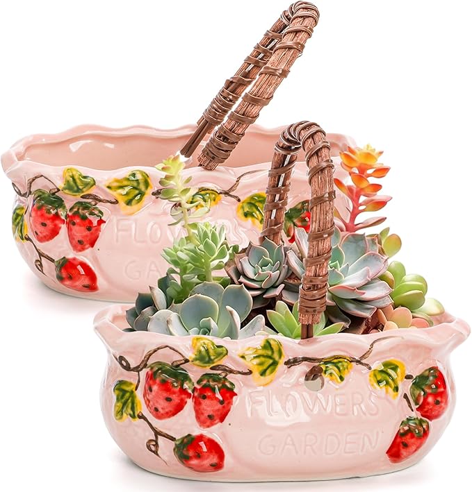 2 Pack Ceramic Succulent Planters, 7 Inch Shallow Bonsai Plant Pot with Handle Drainage Hole, Flower Container Bowl for Cactus Tree, Indoor Outdoor Office Decor, Strawberry Pattern