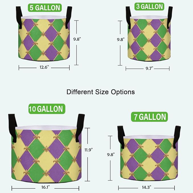 3 Gallon Mardi Gras Fleur De Lis Plaid Pattern Breathable Grow Bag Thickened Plant Pot Containers Bag with Handles for Garden Potato Tomato Flowers Fruits Vegetables