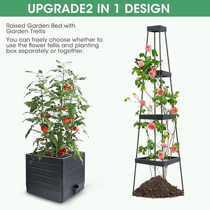 MQUPIN Tomato Planter Box with Trellis for Garden, 57 Inch Self-Watering Raised Garden Bed, Patio Tomato Cage for Climbing Vegetables & Flowers, Upgraded Tomato Pot for Indoor Outdoor Use(1 Pack)