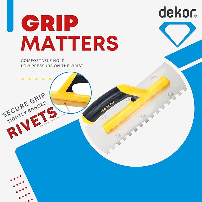 DEKOR Notched Trowel - 18" x 4.75" - Square Notch 5/16" - German Stainless Steel - Tile Tools, Concrete and Drywall Trowel, Made in Europe for DIY & PRofessional Use (Plastic Handle)