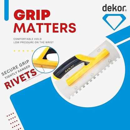 DEKOR Notched Trowel - 18" x 4.75" - Square Notch 5/16" - German Stainless Steel - Tile Tools, Concrete and Drywall Trowel, Made in Europe for DIY & PRofessional Use (Plastic Handle)
