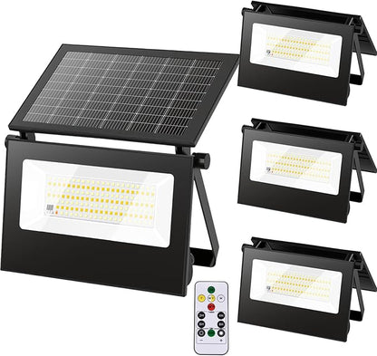 Solar Motion Lights Outdoor , IP66 Security Flood Light Outdoor Waterproof, Dual Color Temperature 3-Mode Lighting Wall Spotlight with Remote Control, Solar Floodlights for Patio Garden Garage, 4 Pack