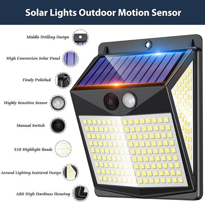 Solar Lights Outdoor Motion Sensor - Solar Motion Detector Lamps for Outside, 238 LED with 300° Angle Illumination and 3 Lighting Modes, IP65 Waterproof Solar-Powered for Garden, Patio, Yard [4 Pack]