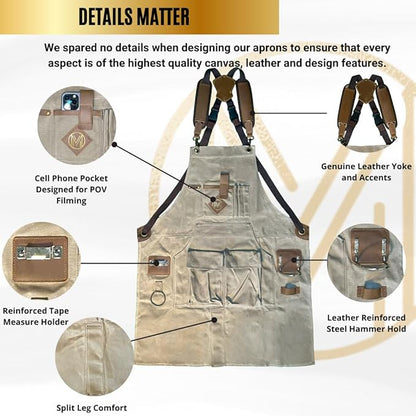 Mt Diablo 16oz - Woodworking Apron - Work Apron with Duck Weave Paraffin Waxed Canvas, Genuine Leather - Fits XS-XL