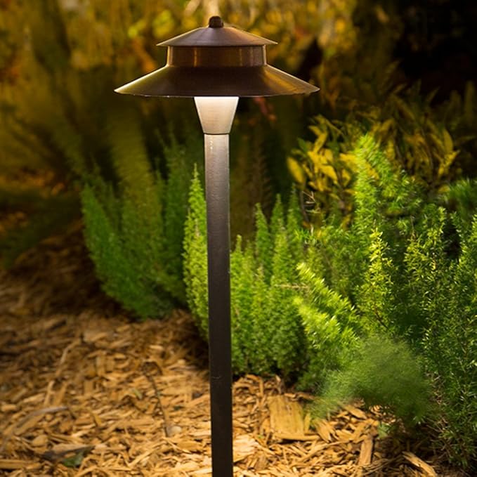 VOLT Stratum 12V Brass 2-Tier Path Light (9" Shade, 25" Tall) for Low Voltage Landscape Lighting on Outdoor Pathway, Walkway, Garden, Driveway or Patio