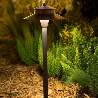 VOLT Stratum 12V Brass 2-Tier Path Light (9" Shade, 25" Tall) for Low Voltage Landscape Lighting on Outdoor Pathway, Walkway, Garden, Driveway or Patio