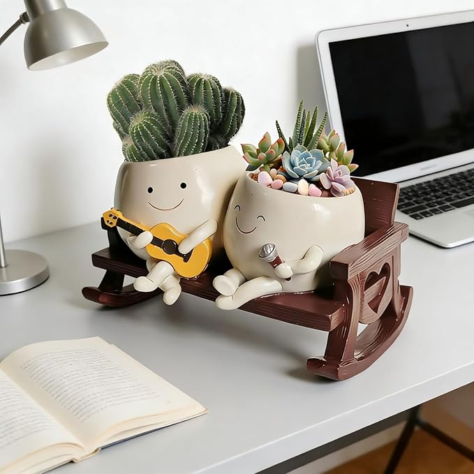 Smiley Face Planter Pot, Cute Funny Heart Rocking Chair Double Head Face Planter Pot with Unique Guitar and Microphone for Indoor Outdoor, Succulent Flower Pots with Drainage Hole ﻿