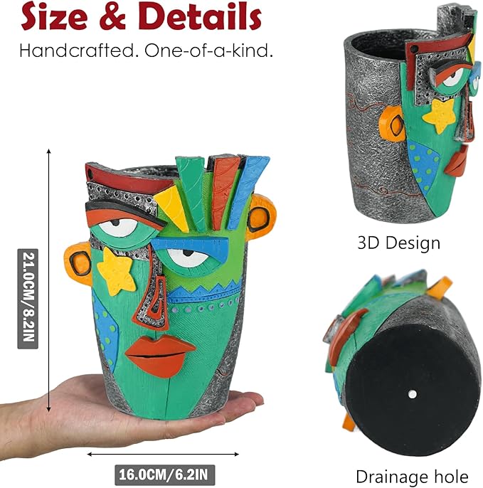 Unique Flower Pots - Abstract Picasso Face Plant Pots, Funky Planters with Drainage for Indoor Plants, Cool Head Planter for Outdoor Garden & Home Decor